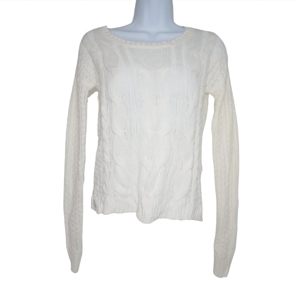 Long Sleeve White Mock Neck Cable Knit Sweater Top
